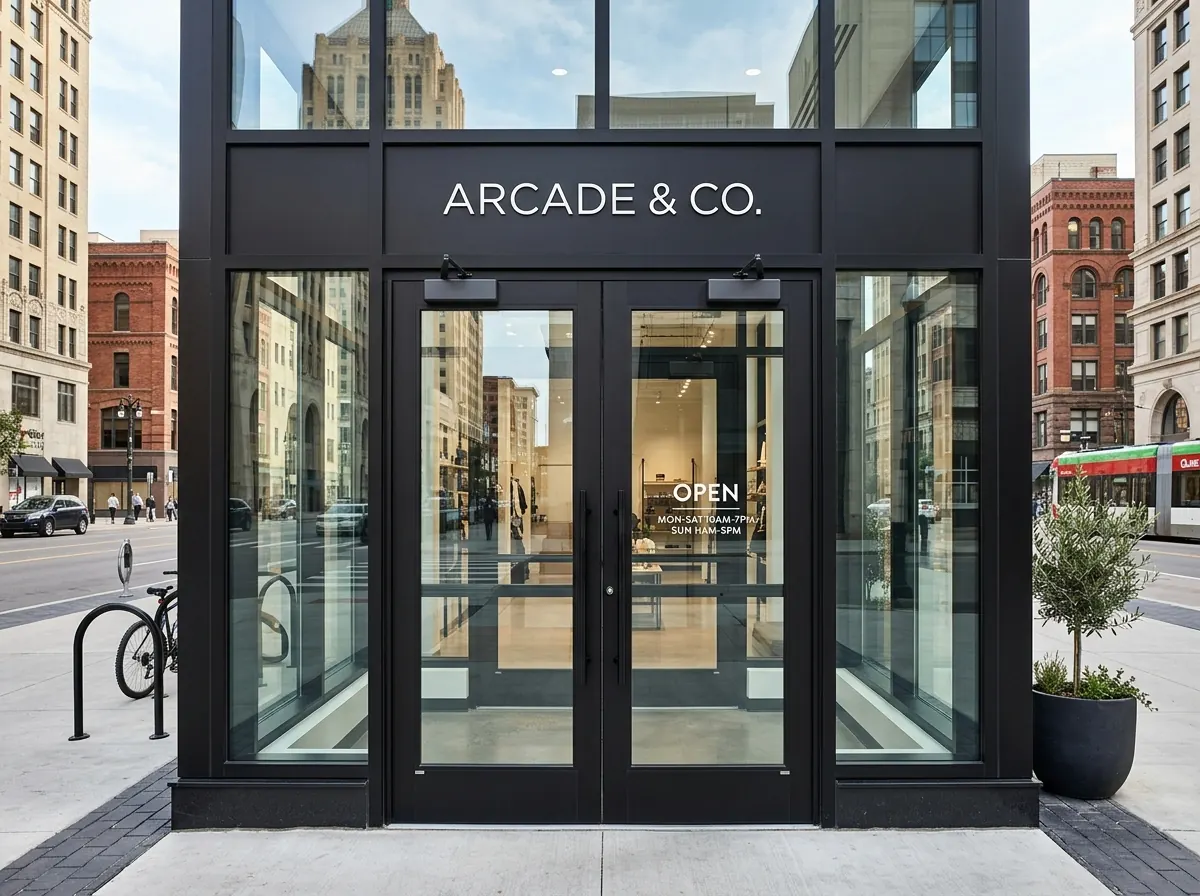 Black anodized aluminum storefront double doors with surface closers and full-height pulls on a downtown retail building